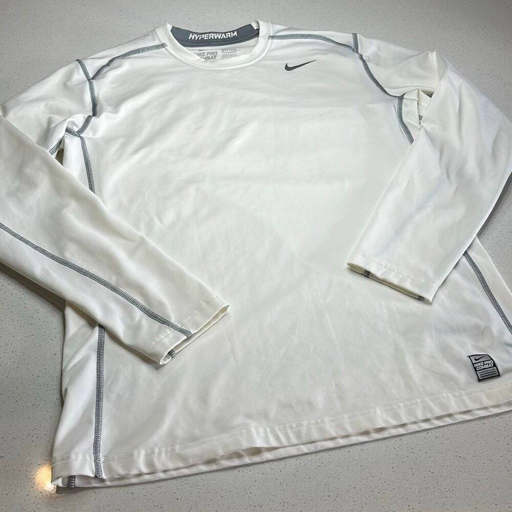 Nike Pro Combat Dri Fit Hyperwarm Performance Fitted Long Sleeve White Compressi